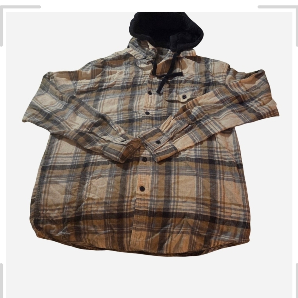 Mens American Eagle Plaid Blue Flannel Shirt Super Soft Removeable Hood Size M
